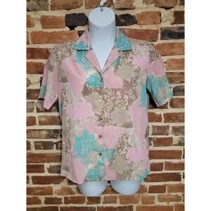 Donnkenny Shirt Top Women's Multi Floral Classic Short Sleeve Collar Button Down